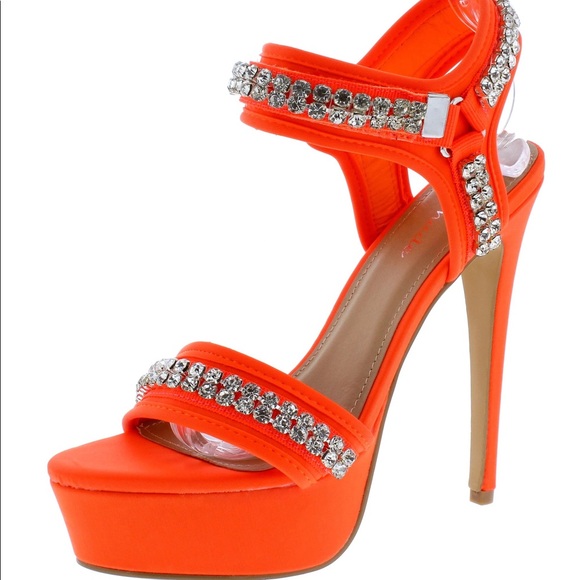 Neon Orange Crystal Embellished Square Toe  High Heel Platform Sandals - Picture 2 of 4